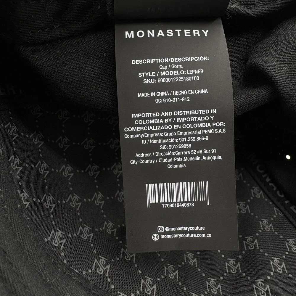 Monastery Couture Hat Logo Strap Back One Size Black Adjustable Baseball Cap Men